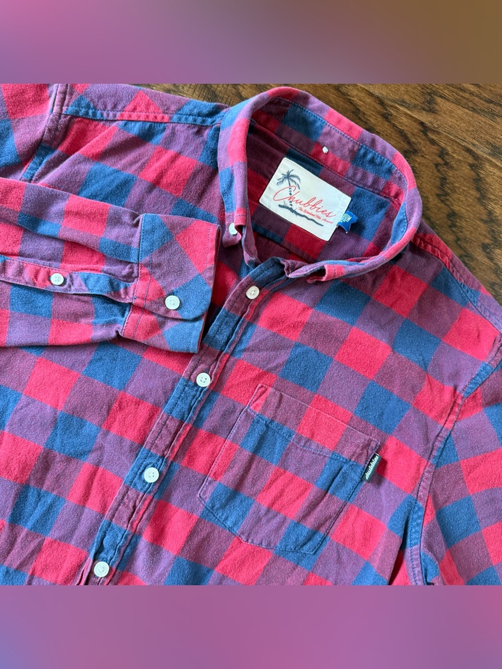 Chubbies Lightweight Flannel Shirt Men M Red/Blue Plaid Long Sleeve Button Down